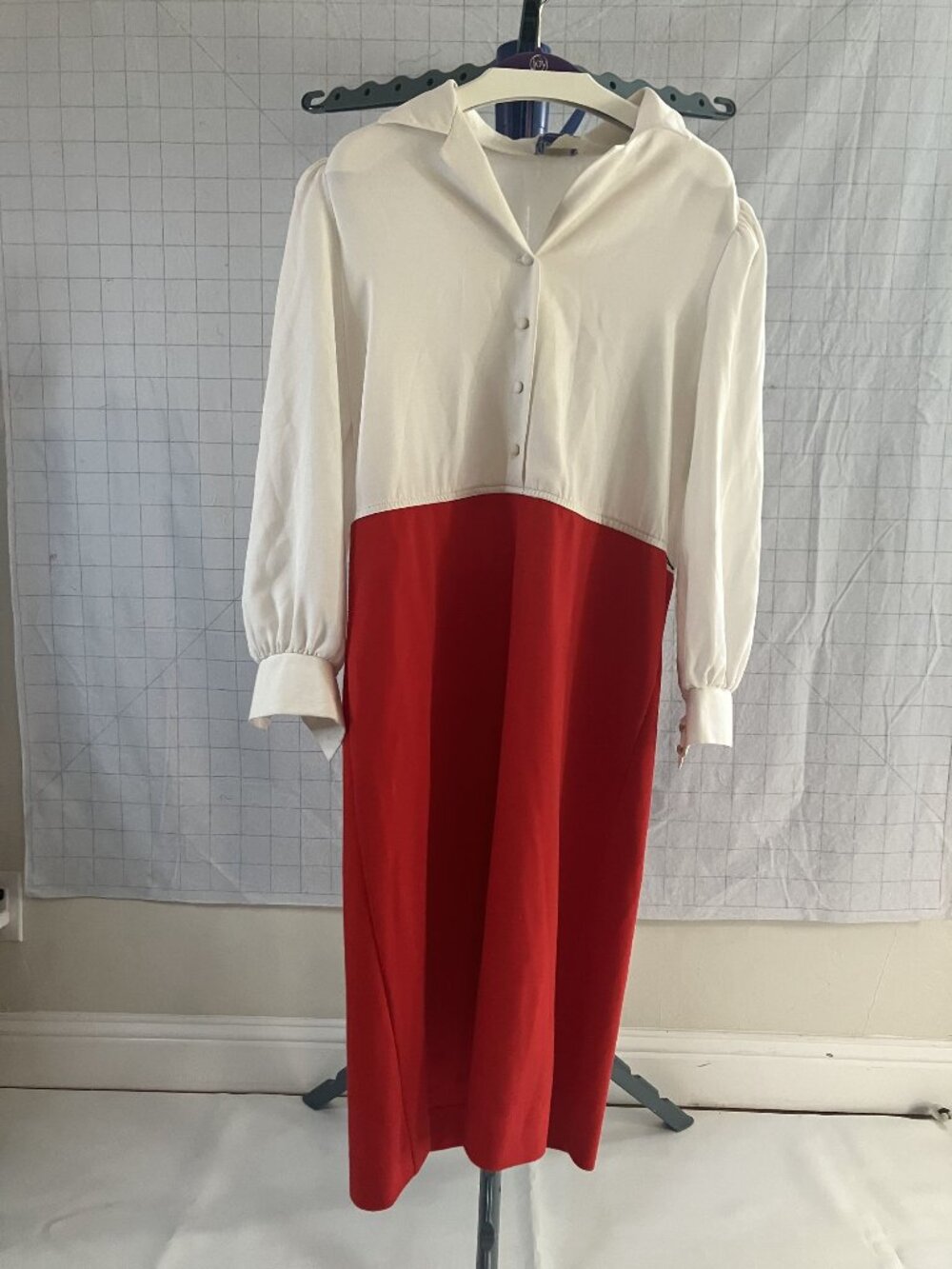 Vintage Leslie Fay Red & White Long-Sleeve Midi Dress With Button Front & Collar
